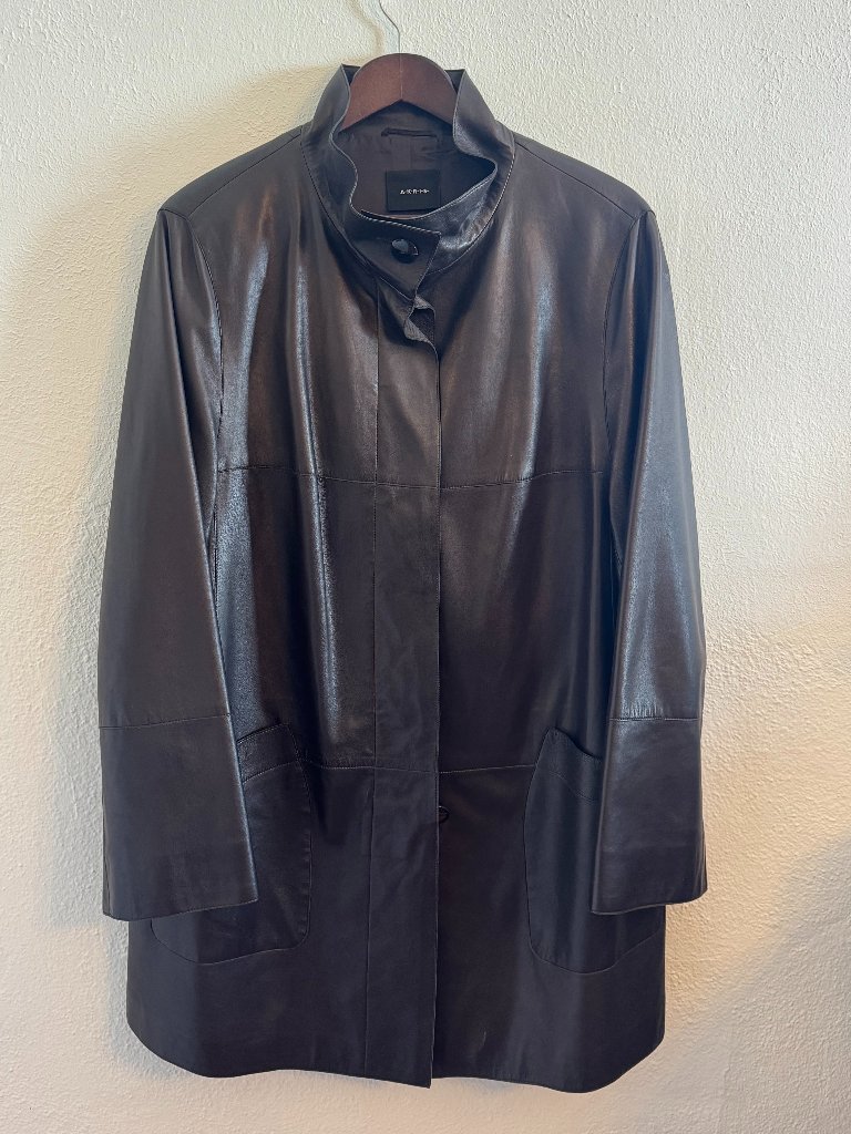 Akris 100% Lamb Leather Coat Espresso Brown Stand Collar Size 16